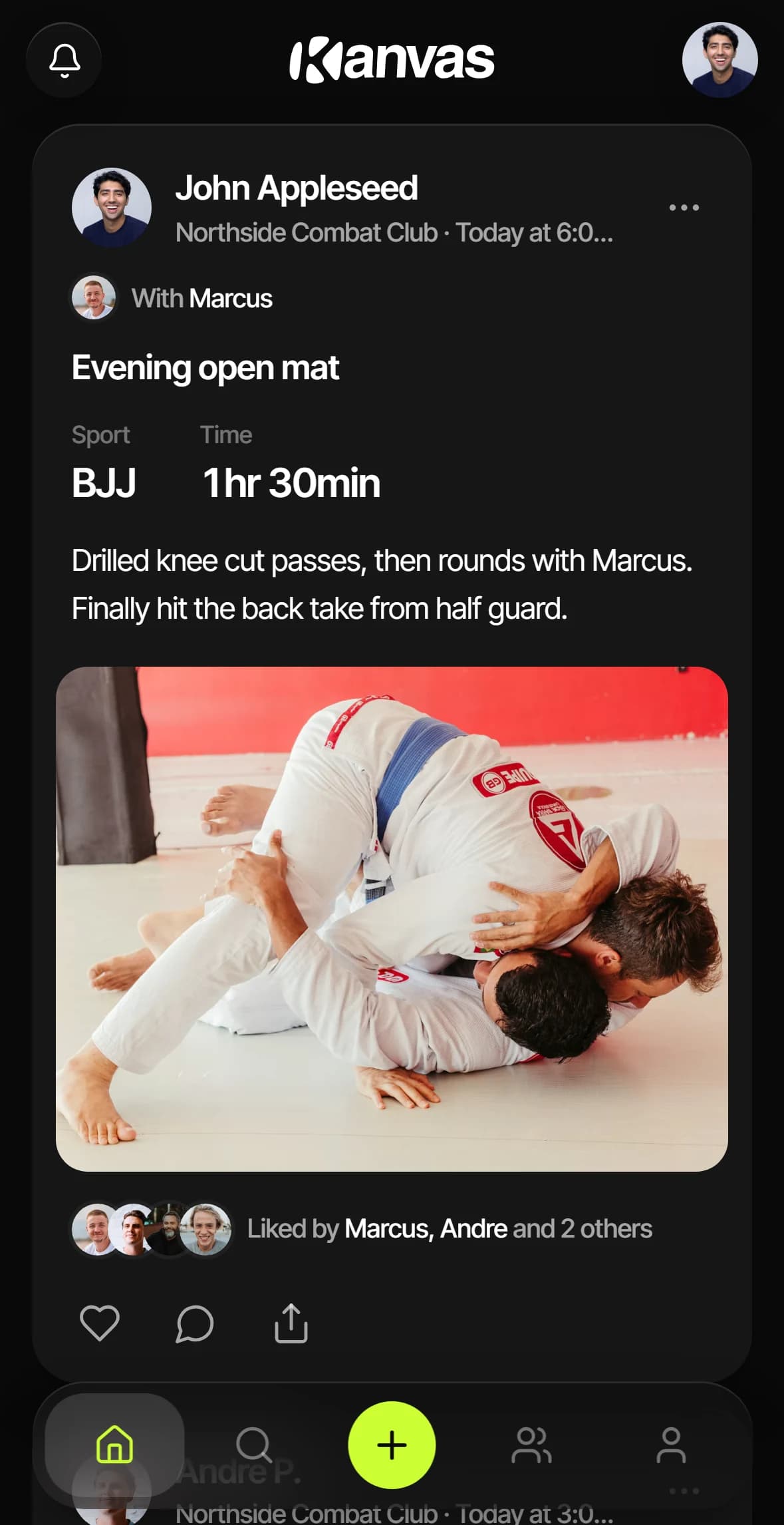 The Kanvas home feed showing John Appleseed's evening open mat with a training photo, liked by teammates Marcus and Andre.