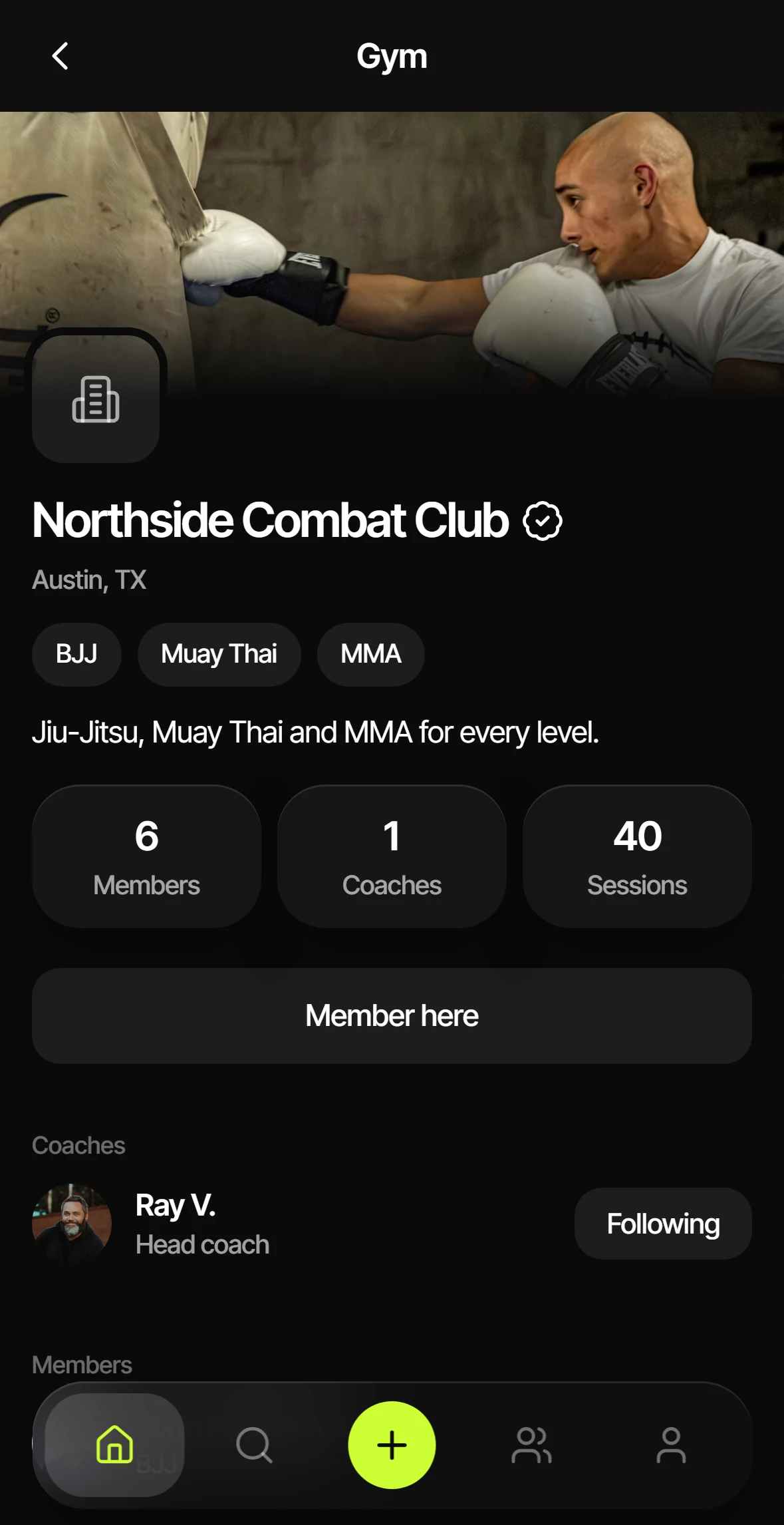 The Northside Combat Club gym page in Kanvas with 6 members, 1 coach, and the head coach listed.