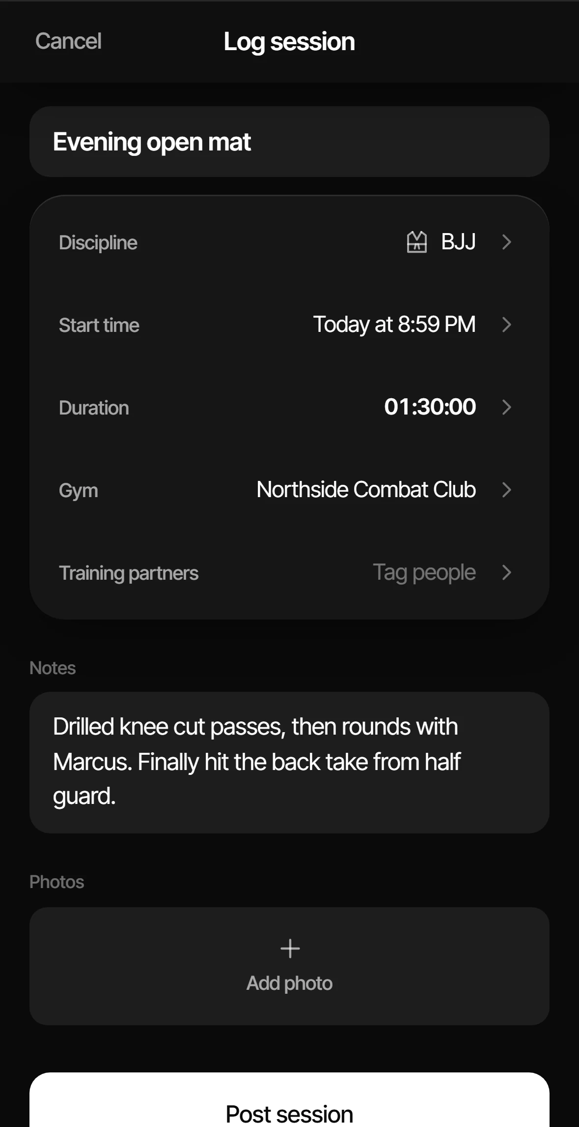 The Log session screen in the Kanvas app, filled in with a 90 minute BJJ session at Northside Combat Club and notes about knee cut passes.