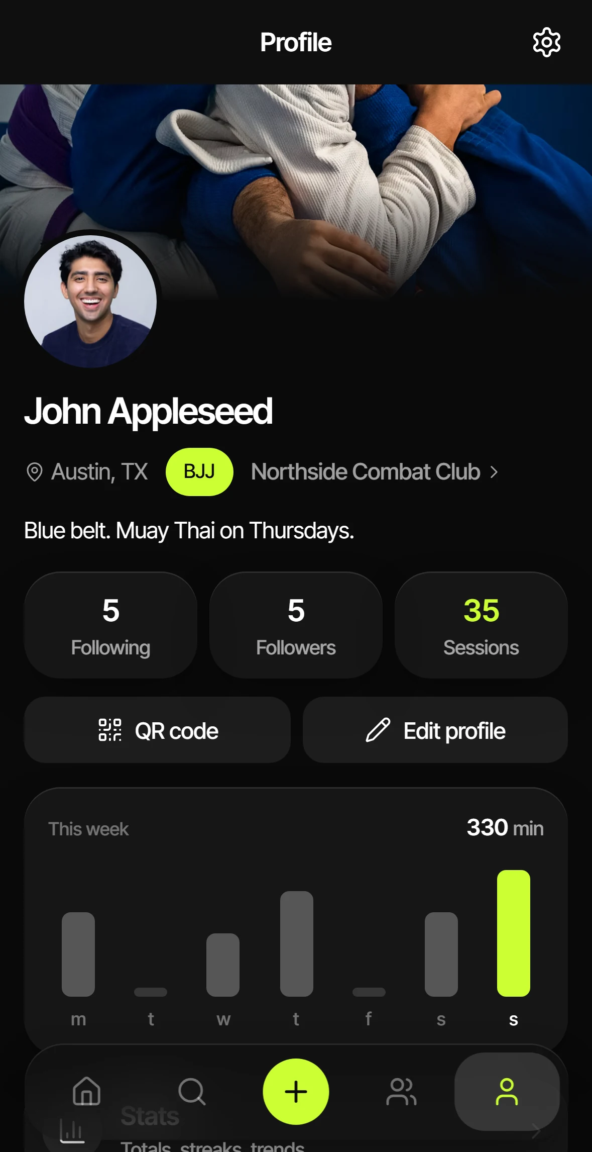 John Appleseed's Kanvas profile with 35 sessions and a chart of 330 training minutes this week.